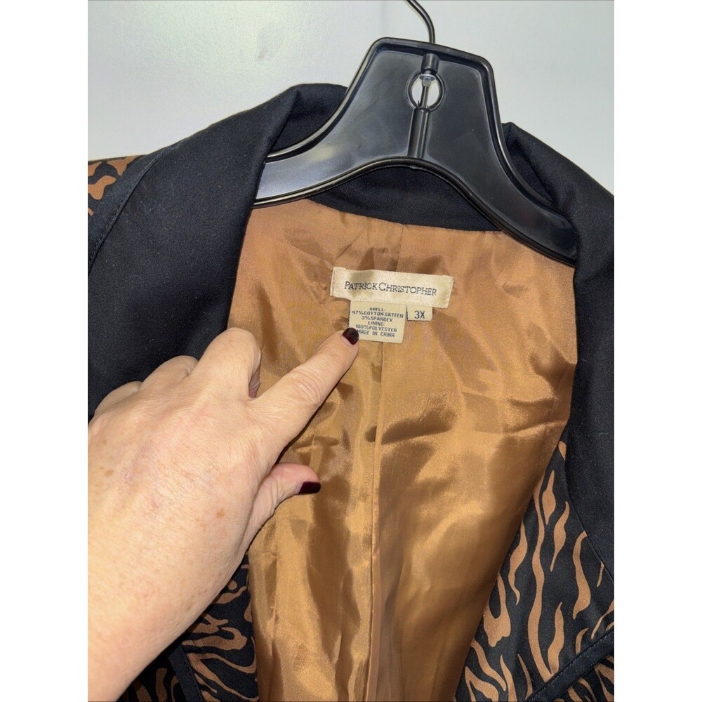 Patrick Christopher Jacket Women 3X Black Brown Animal Print Blazer Open Zip - Picture 3 of 7